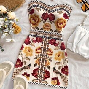 Chic Strapless Floral Dress in Red and Yellow